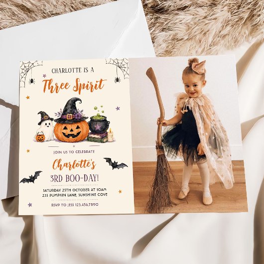 スリー・スピリット・ハロウィーン・ゴースト 3歳の誕生日写真 招待状