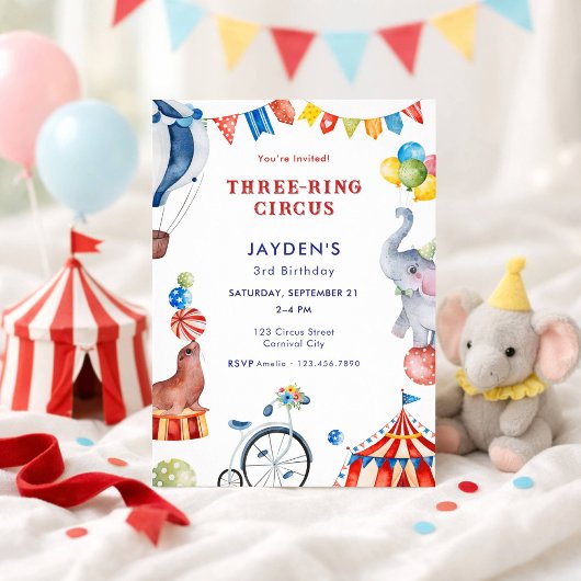 スリー・リング・サーカス 3歳の誕生日カーニバル 動物 招待状