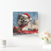 スレッジに乗ったケースホンド犬 Let it Snow クリスマス スクエア壁時計 (ホーム)