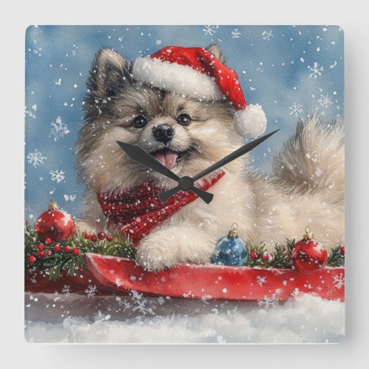 スレッジに乗ったケースホンド犬 Let it Snow クリスマス スクエア壁時計 (正面)