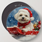 スレッジの中のコトン・ド・テュレアの犬 "Let it Snow" クリスマス 缶バッジ (正面&裏面)