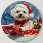スレッジの中のコトン・ド・テュレアの犬 "Let it Snow" クリスマス 缶バッジ (正面)