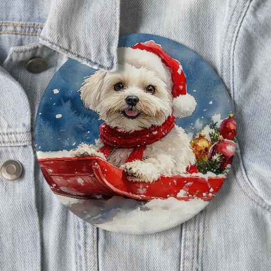スレッジの中のコトン・ド・テュレアの犬 "Let it Snow" クリスマス 缶バッジ (インサイチュ)