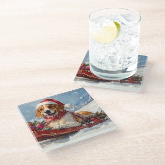 スレッジクリスマスのアメリカンイングリッシュフォックスハウンド ガラスコースター (アングル)