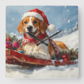 スレッジクリスマスのアメリカンイングリッシュフォックスハウンド スクエア壁時計 (正面)