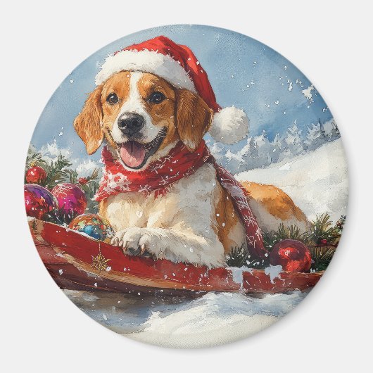 スレッジクリスマスのアメリカンイングリッシュフォックスハウンド マグネット (正面)