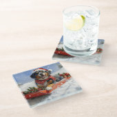 スレッジクリスマスのブルーティック犬 ガラスコースター (アングル)