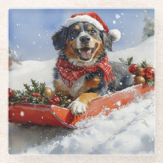 スレッジクリスマスのブルーティック犬 ガラスコースター (正面)