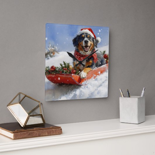 スレッジクリスマスのブルーティック犬 スクエア壁時計 (オフィス)