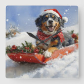 スレッジクリスマスのブルーティック犬 スクエア壁時計 (正面)