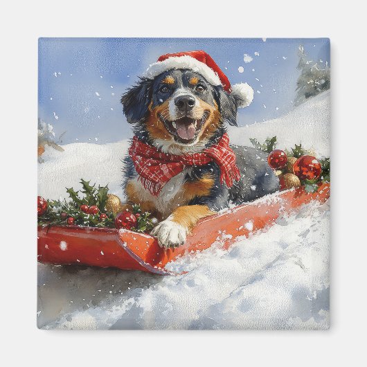 スレッジクリスマスのブルーティック犬 マグネット (正面)