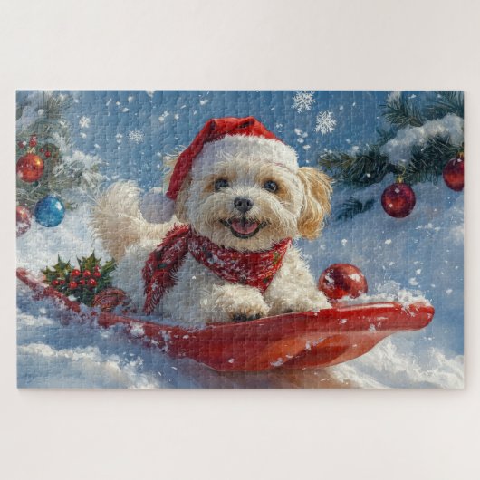スレッドに乗ったハバニーズの犬 Let it Snow クリスマス ジグソーパズル (横)