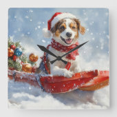 スレッドに乗ったブリタニースパニエル犬 クリスマス スクエア壁時計 (正面)