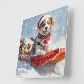 スレッドに乗ったブリタニースパニエル犬 クリスマス スクエア壁時計 (傾斜)