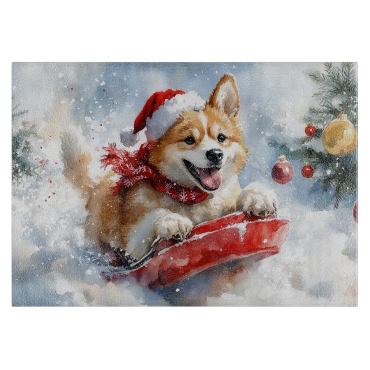 スレッドに乗った秋田犬 Let it Snow クリスマス カッティングボード (正面)