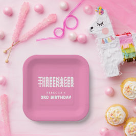 スレネガー名3歳の誕生日ホワイト文字ピンク ペーパープレート