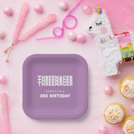 スレネガー名3rdバースデーホワイト文字薄紫 ペーパープレート (パーティー)