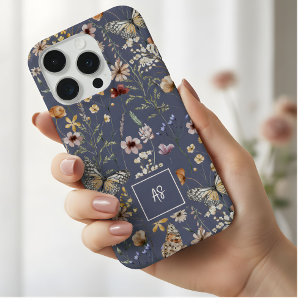 スレートウォーターカラーのワイルドフラワーの花のモノグラム iPhone 15 PROケース