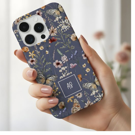 スレートウォーターカラーの野の花モノグラム入りフラワー iPhoneケース