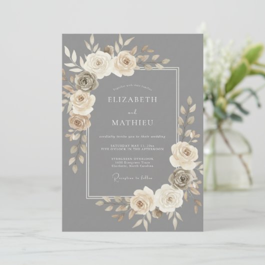 スレートグレイのタイムレス ロマンティック ウェディング 招待状 (スタンド正面)
