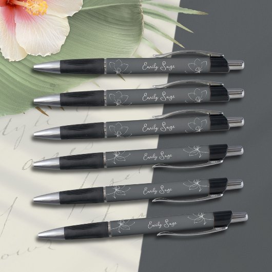 スレートグレイの象牙色の花のラインアート ミニマリスト ゼン ボールペン