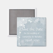 スレートブルーのトンボと白い花の結婚式のSave the Date マグネット (正面/裏面)