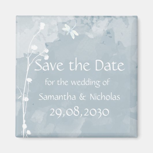 スレートブルーのトンボと白い花の結婚式のSave the Date マグネット (正面)