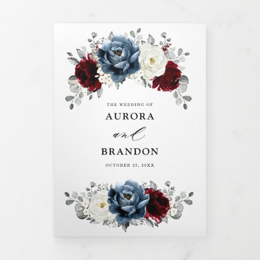 スレートブルーのバーガンディーとアイボリーの花のウェディング 三つ折り案内状 (カバー)