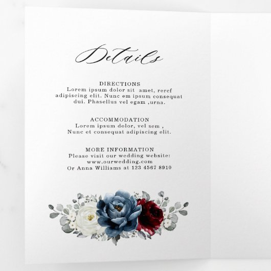 スレートブルーのバーガンディーとアイボリーの花のウェディング 三つ折り案内状 (内部最初)