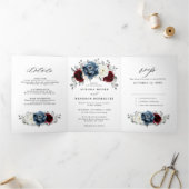 スレートブルーのバーガンディーとアイボリーの花のウェディング 三つ折り案内状 (内部)