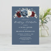 スレートブルーのバーガンディーと白のアイボリーの花のウェディング招待状 招待状 (スタンド正面)