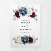 スレートブルーのバーガンディーと白のアイボリーの花のウェディング 三つ折り案内状 (カバー)