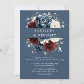スレートブルーのバーガンディーと白のアイボリーの花柄のウェディング招待状 招待状 (正面)