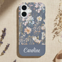 スレートブルーのフローラル オーダーメイド  iPhone 16ケース