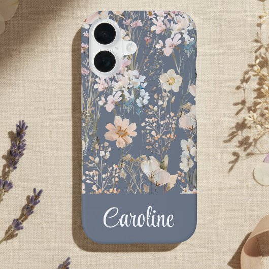 スレートブルーのフローラル オーダーメイド  iPhone 16ケース