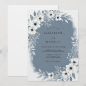 スレートブルーのペイント風フラリッシュ ウェディング 招待状 (正面/裏面)
