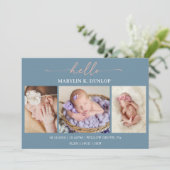 スレートブルーのミニマルな写真ベイビーお知らせカード 招待状 (スタンド正面)