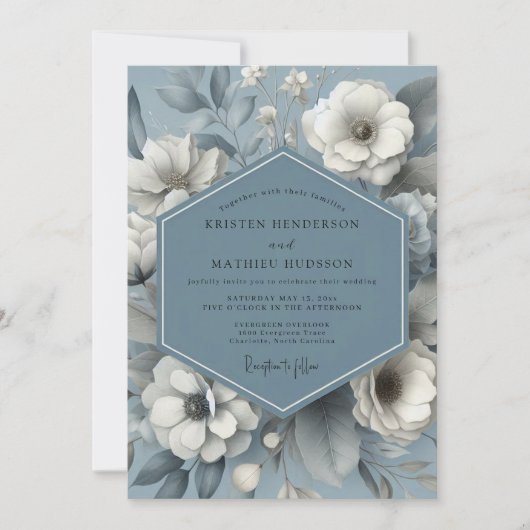 スレートブルーの幻想的な花のウェディング 招待状 (正面)