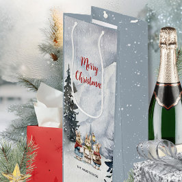 スレートブルーの水彩ウサギのクリスマスキャロル ワインギフトバッグ