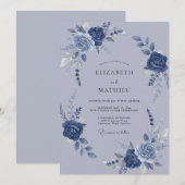 スレートブルーの水彩ボタニカルウェディング 招待状 (正面/裏面)