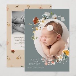 スレートブルーの野生の花の写真 出生のお知らせ 招待状