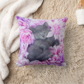 スレート工の子ネコの紫色の花柄 クッション (ブランケット)