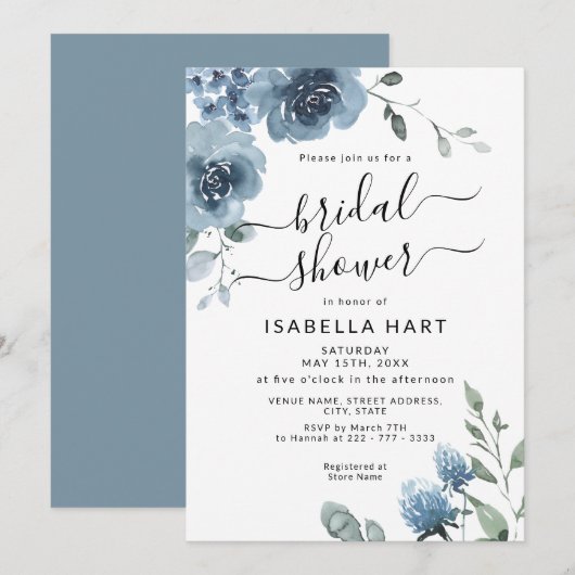 スレート ダスティーブルー 花 水彩 結婚前お茶会 招待状 (正面/裏面)