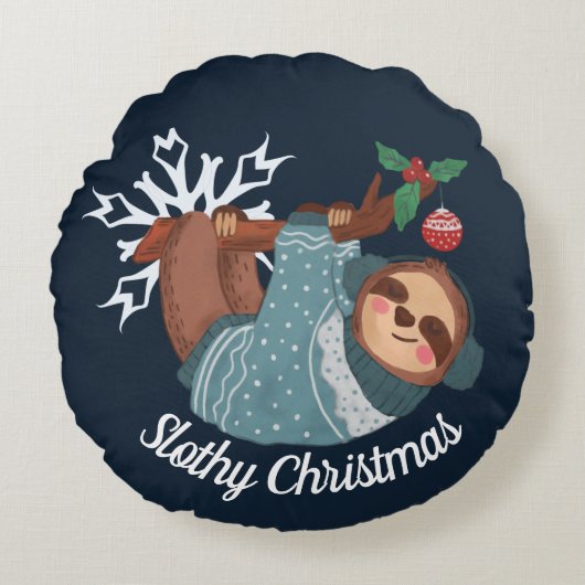 スロシーなクリスマスのためにセーターを着たかわいいナマケモノ ラウンドクッション (正面)