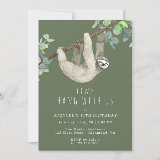 スロッおもしろいスキュートフォレストグリーン子供の誕生日パーティー 招待状 (正面)