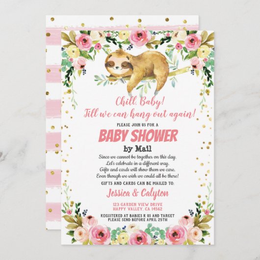 スロッスベビーガールシャワーバイメールピンクと金ゴールド 招待状 (正面/裏面)