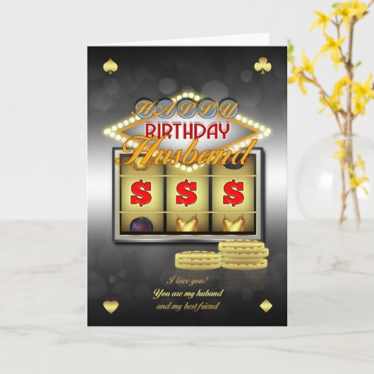 スロットおよび硬貨が付いている夫の誕生日の挨拶状 カード (黄色い花)