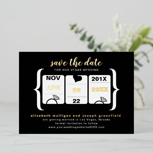 スロットモダンマシンウェディング日付フォイルを保存 箔招待状 (立ち正面)