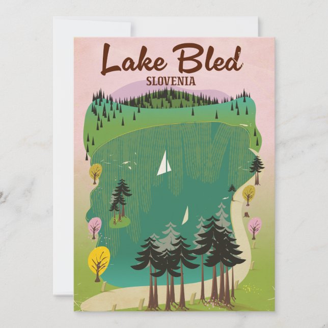 スロベニアのブレッド湖のビンテージスタイルの旅行ポスター (正面)