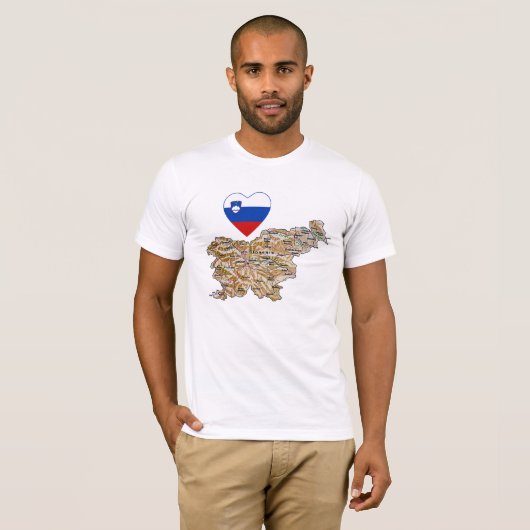 スロベニア国旗のハートと地図Tシャツ Tシャツ (正面フル)